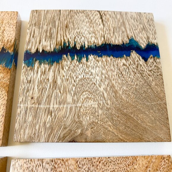 (x4) River-Look Wood & Blue Resin Drink Coaster Set - Picture 7 of 10